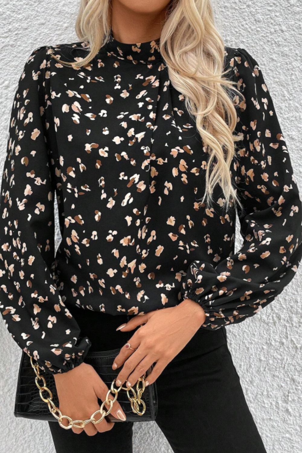 Printed Mock Neck Balloon Sleeve Blouse