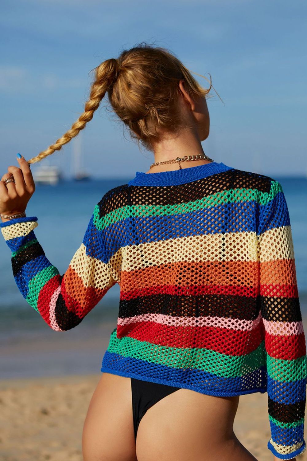 Angel Wings Rainbow Stripe Openwork Long Sleeve Cover-Up