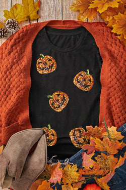 Camiseta de manga corta con cuello redondo y calabaza con lentejuelas