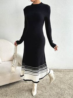 Contrast Mock Neck Long Sleeve Sweater Dress