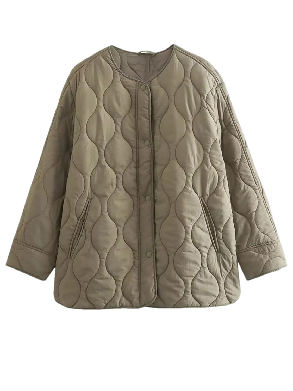 Quilted Snap Down Round Neck Winter Coat