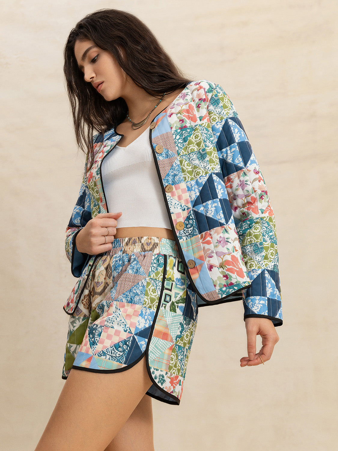 Printed Button Up Long Sleeve Outerwear and Shorts Set