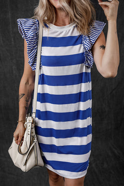 Ruffled Striped Round Neck Cap Sleeve Mini Dress