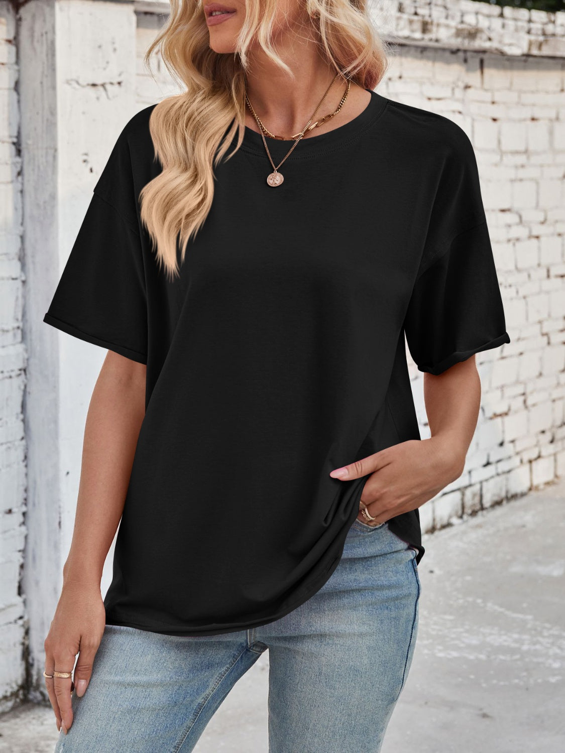 Lovelet Exposed Seam Round Neck Half Sleeve T-Shirt