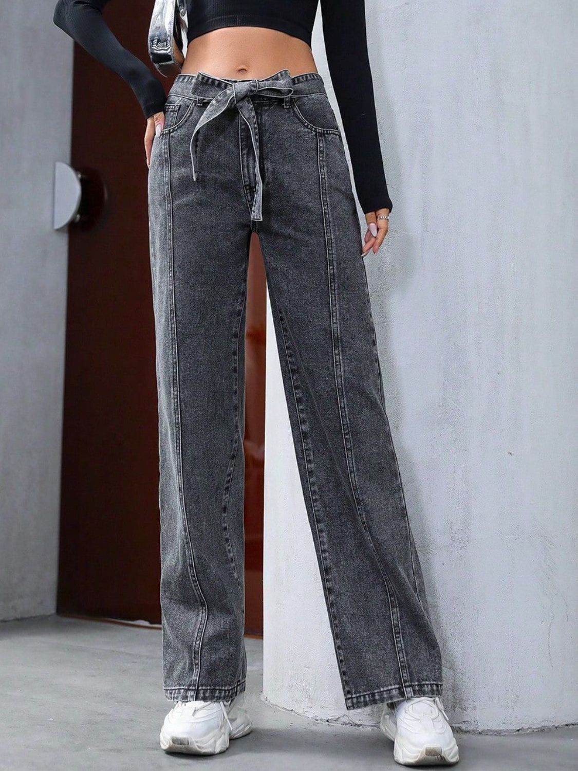 Tied Straight Leg Jeans with Pockets