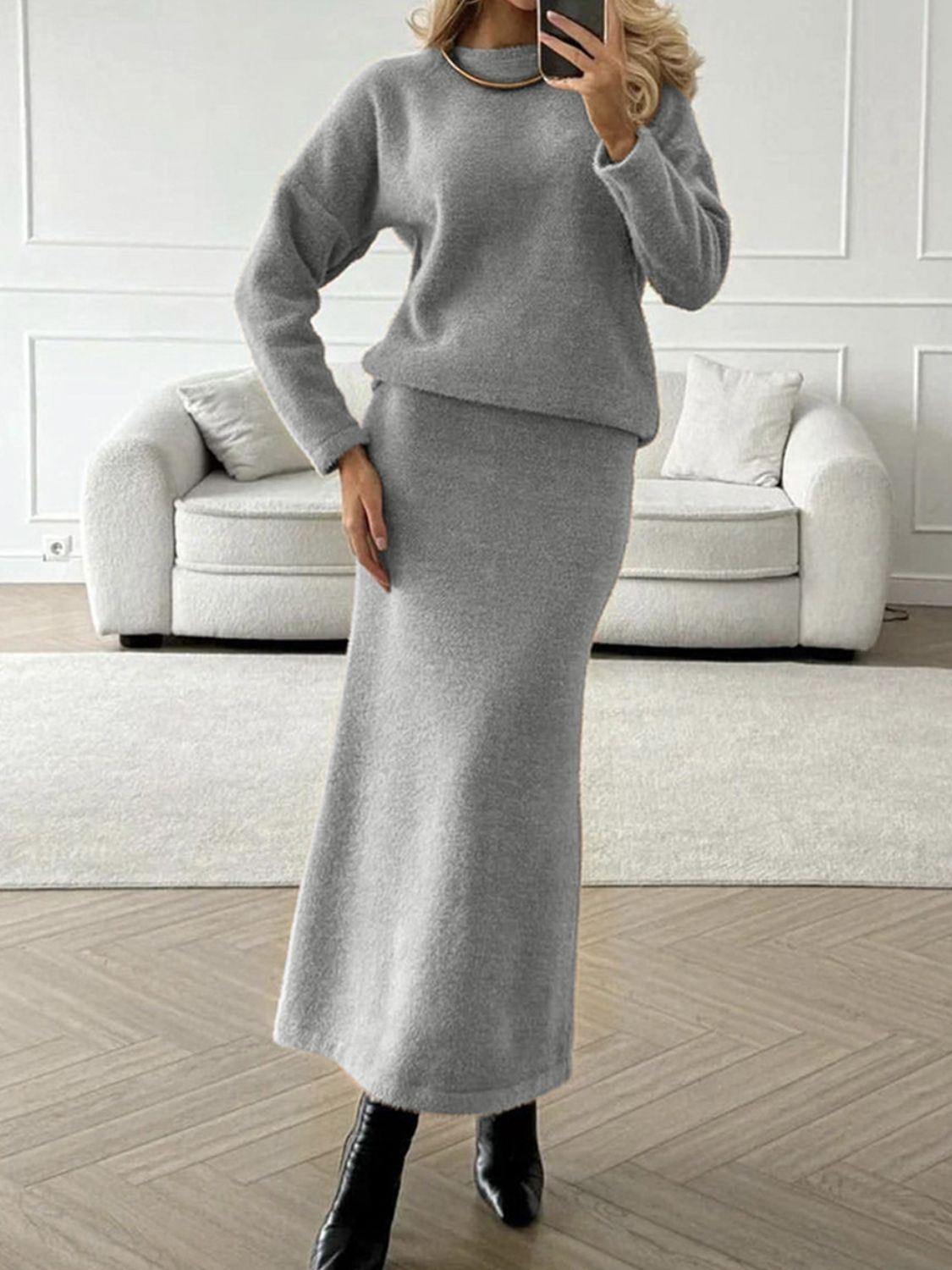 Round Neck Dropped Shoulder Top and Midi Skirt Sweater Set