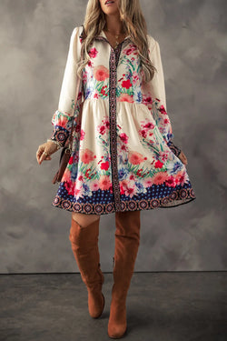 Flower Button Down Lantern Sleeve Dress