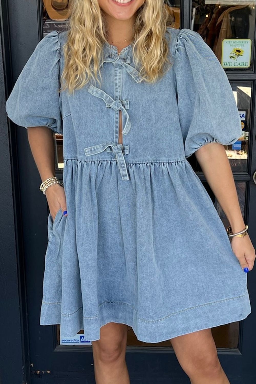 Bowknot Round Neck Half Sleeve Denim Dress