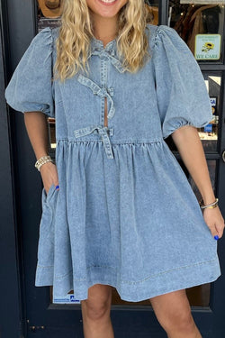 Bowknot Round Neck Half Sleeve Denim Dress