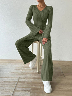 Ribbed V-Neck Long Sleeve Top and Pocketed Pants Set