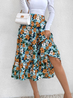 Printed Elastic Waist Midi Skirt