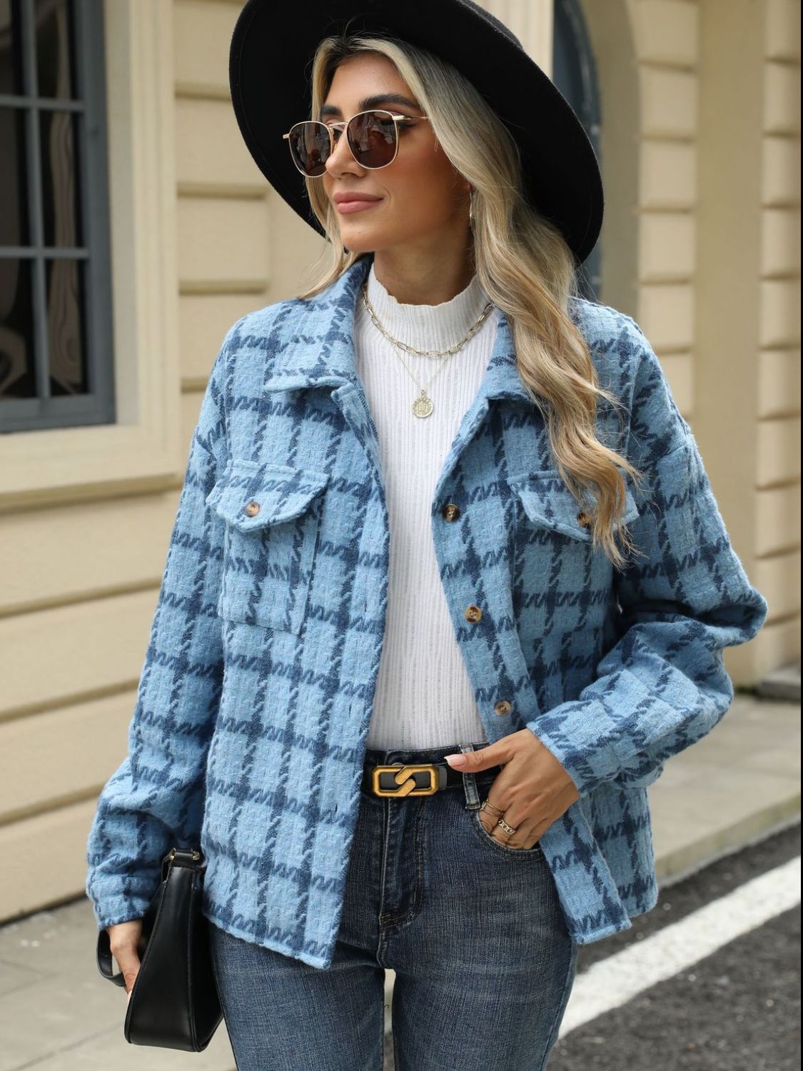 Plaid Collared Neck Long Sleeve Jacket