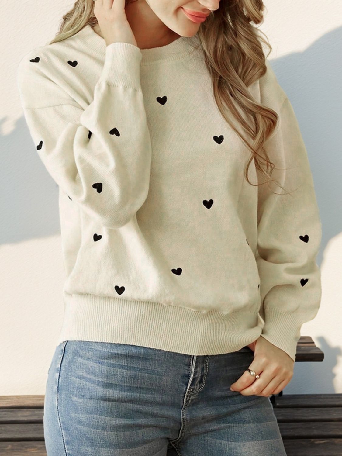 Perfee Heart Round Neck Long Sleeve Knit Top