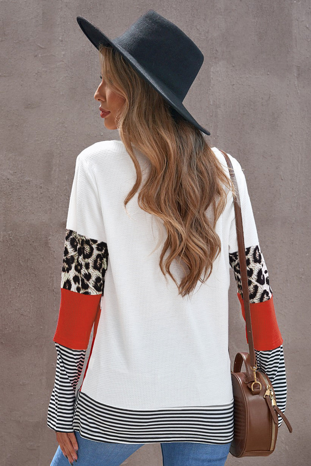 Waffle-Knit Leopard Round Neck Long Sleeve T-Shirt