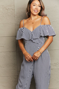 Perfee Striped Spaghetti Strap Cold-Shoulder Jumpsuit