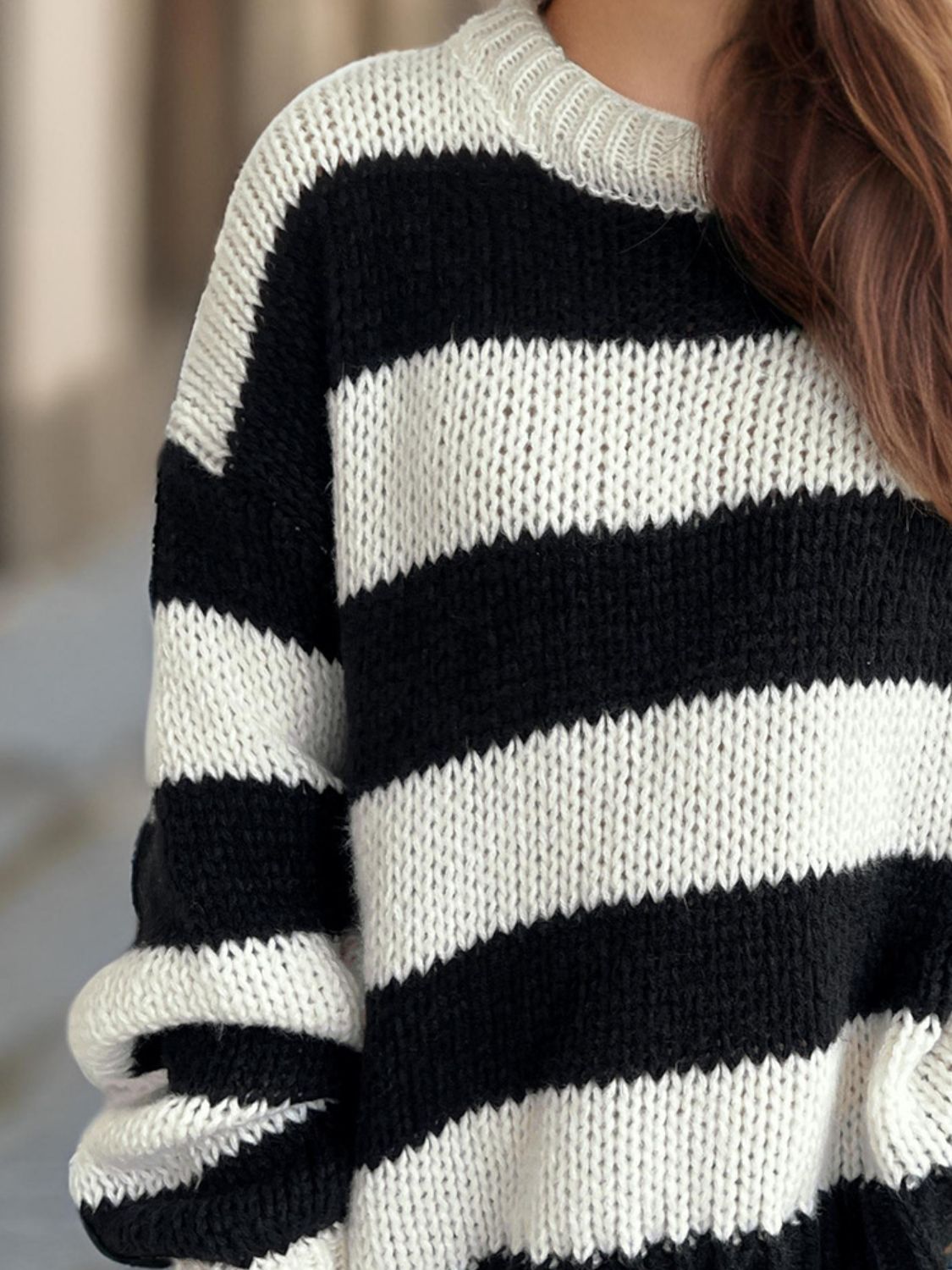 Contrast Striped Round Neck Long Sleeve Sweater