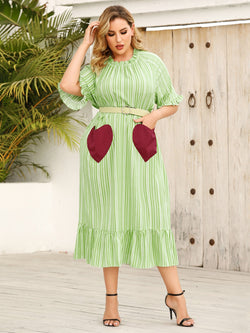 Plus Size Frill Heart Striped Half Sleeve Dress