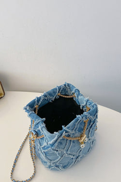 Chain Drawstring Raw Edge Denim Bucket Bag