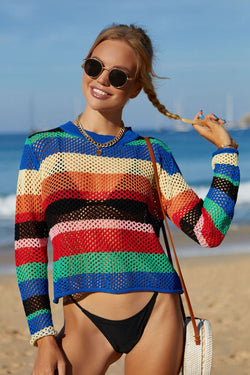 Angel Wings Rainbow Stripe Openwork Long Sleeve Cover-Up