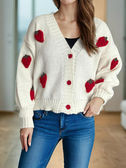 Crochet Strawberry V-Neck Long Sleeve Cardigan