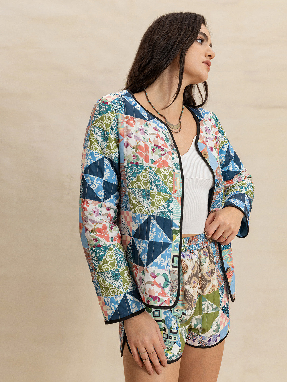 Printed Button Up Long Sleeve Outerwear and Shorts Set