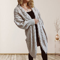 Cable-Knit Open Front Dropped Shoulder Cardigan