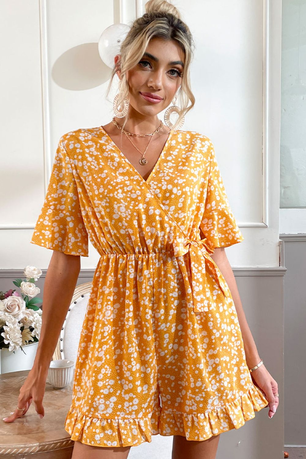 Shiny Printed Surplice Neck Ruffled Romper