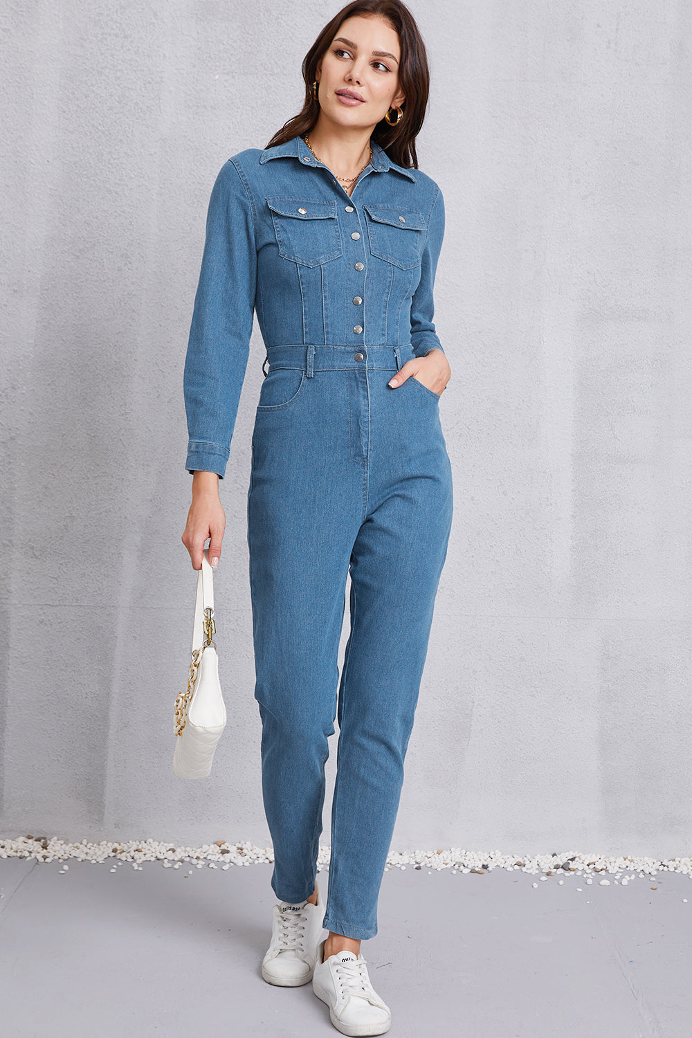 Snap Down Denim Jumpsuit with Pockets