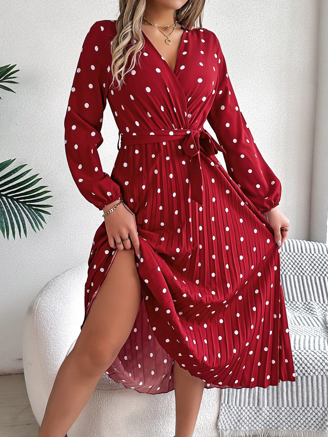 Tied Polka Dot Long Sleeve Midi Dress