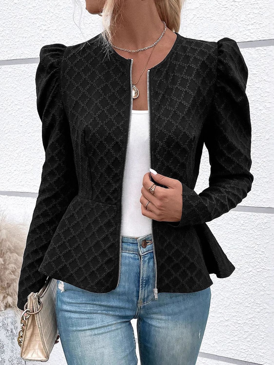 Zip Up Puff Sleeve Jacket