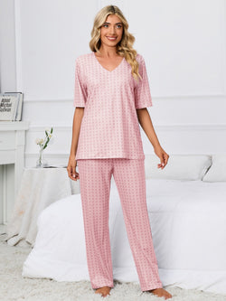 Printed V-Neck Top and Pants Lounge Set