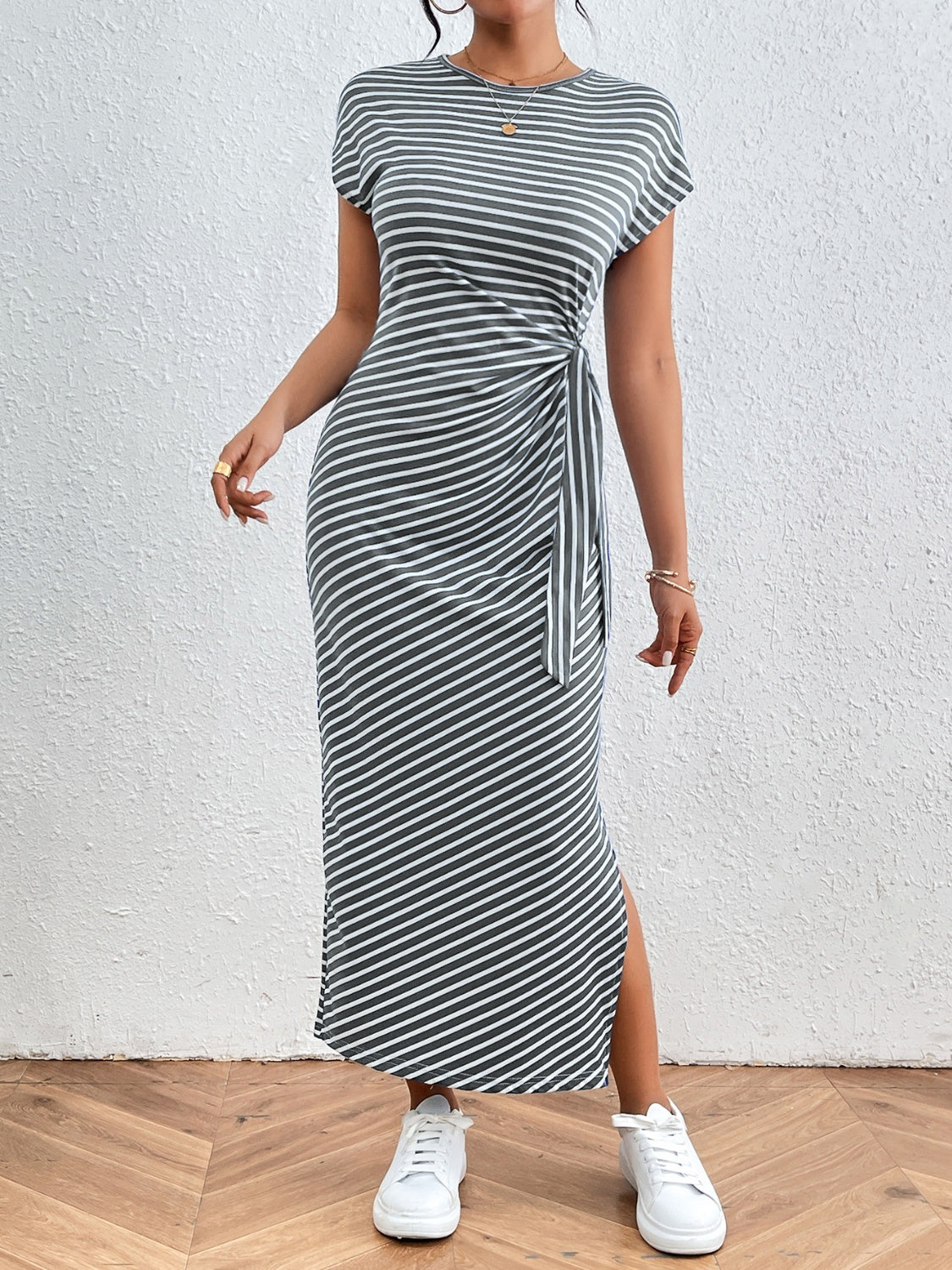 Honey Tied Striped Round Neck Short Sleeve Tee Dress