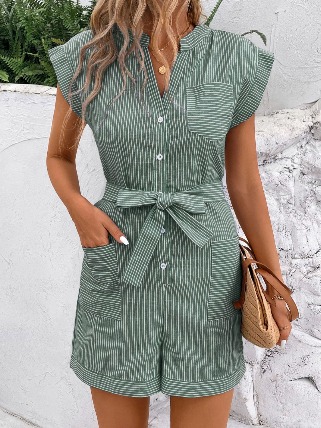 Perfee Striped Notched Tie Waist Romper