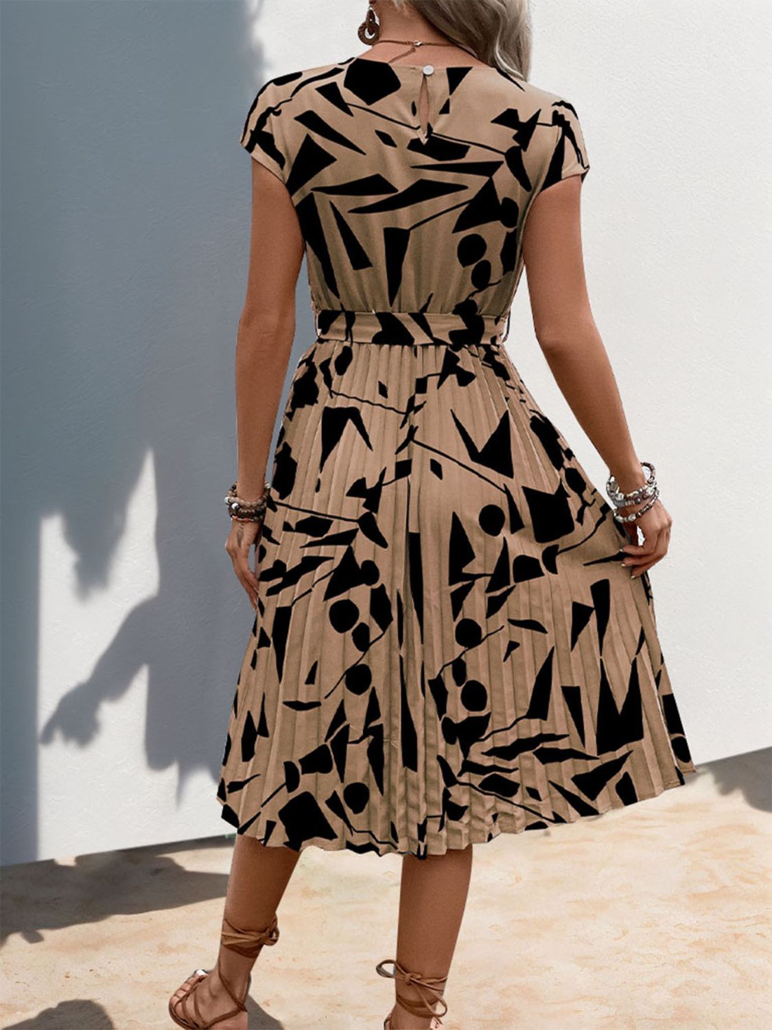 Perfee Tied Pleated Printed Cap Sleeve Dress