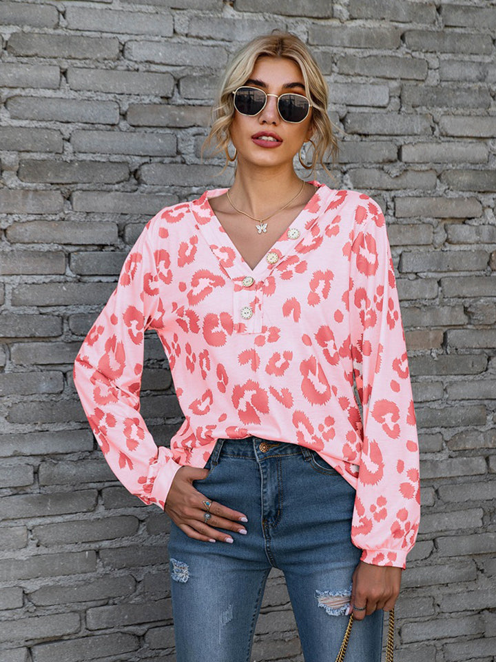 Leopard V-Neck Decorative Button Long Sleeve Blouse