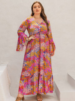 Plus Size Printed V-Neck Long Sleeve Maxi Dress