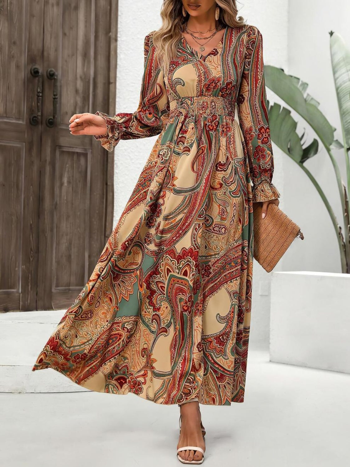 Smocked Printed V-Neck Flounce Sleeve Dress