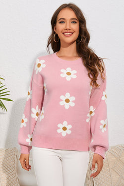 Flower Round Neck Dropped Shoulder Sweater