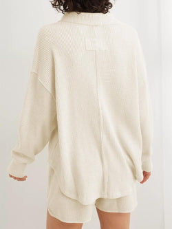 Waffle-Knit Johnny Collar Long Sleeve Sweatshirt