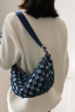 Raw Hem Checkered Denim Crossbody Bag