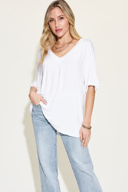 Basic Bae Full Size Bamboo V-Neck Drop Shoulder T-Shirt