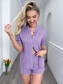 Flounce Sleeve Shirt and Frill Trim Shorts Lounge Set