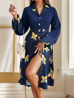 Perfee Printed Collared Neck Long Sleeve Dress