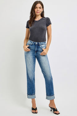 RISEN Full Size High Rise Crop Straight Roll Up Jeans