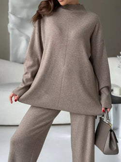 Slit Mock Neck Top and Pants Sweater Set