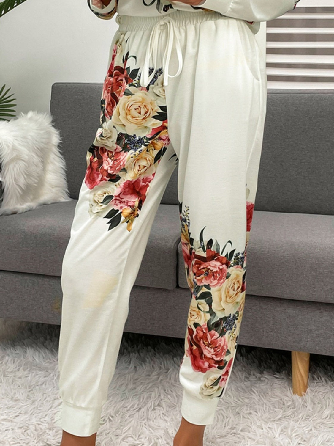 Shiny Printed Round Neck Top and Pants Lounge Set