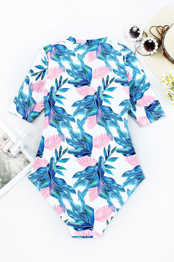 Printed Notched Half Sleeve One-Piece Swimwear