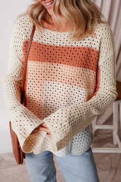 Openwork Color Block Long Sleeve Knit Top