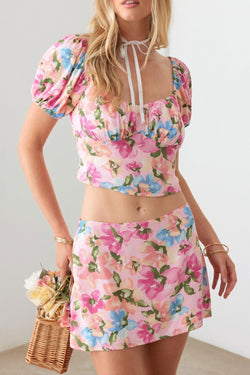 Le Lis Floral Puff Sleeve Crop Top and Mini Skirt Set