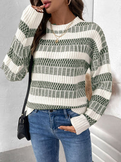 Perfee Contrast Round Neck Long Sleeve Sweater